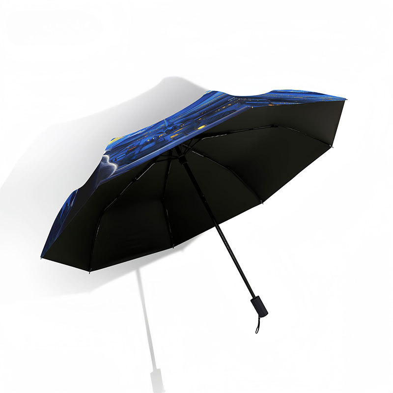 Umbrelă pliabilă trei secțiuni, protecție UV UPF50+, cadru din fibră cu 8 spițe, imprimeu cu pisică, pentru adulți, deschidere închidere manuală, mâner din plastic
