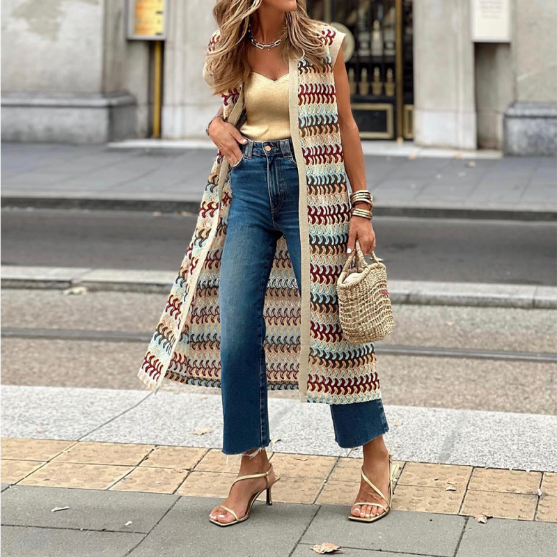 Bez rukava top s dizajnom color-block, ulični stil, produžena duljina, poliester 95%+