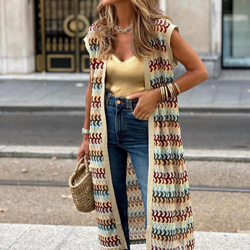 Bez rukava top s dizajnom color-block, ulični stil, produžena duljina, poliester 95%+