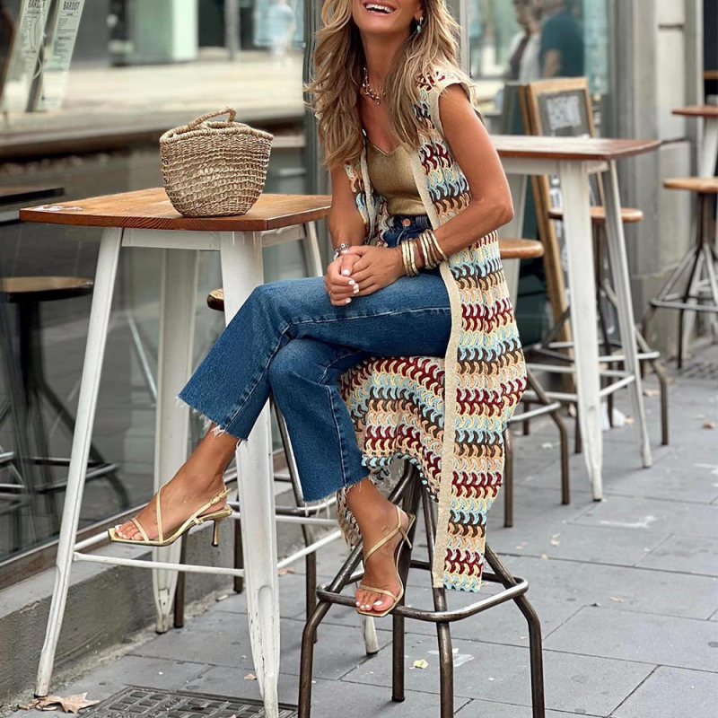 Bez rukava top s dizajnom color-block, ulični stil, produžena duljina, poliester 95%+