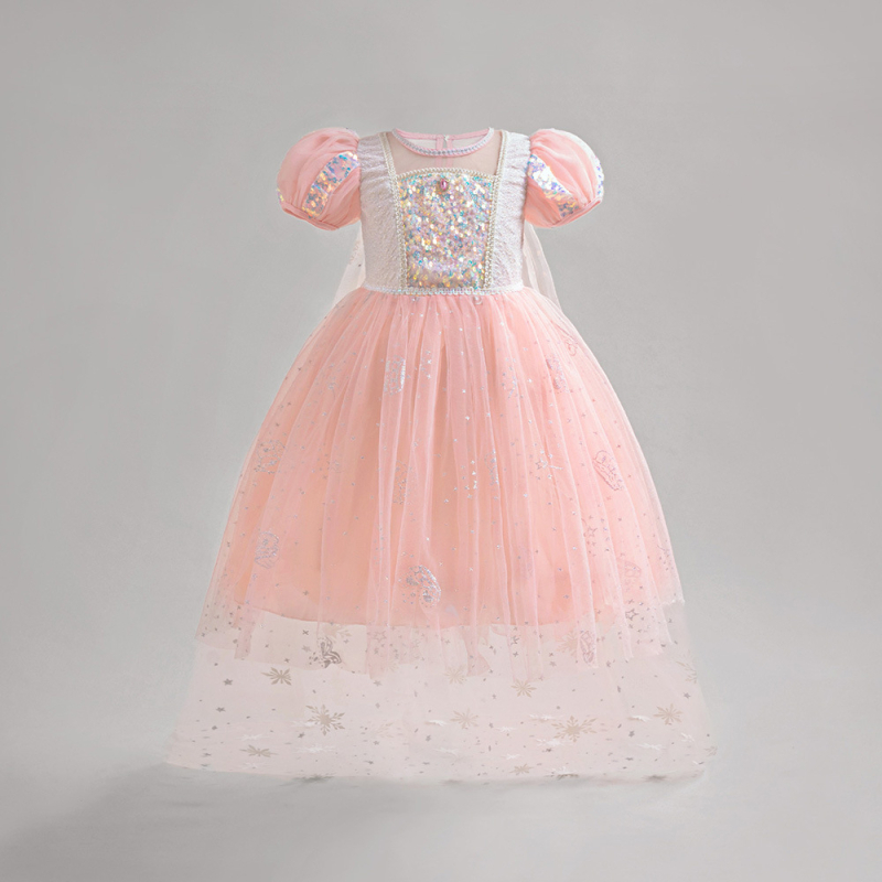 Dječja haljina s balonastim kratkim rukavima, mrežasti tila sloj i šljokice; glavni materijal 65% poliester, podstava 35% poliester