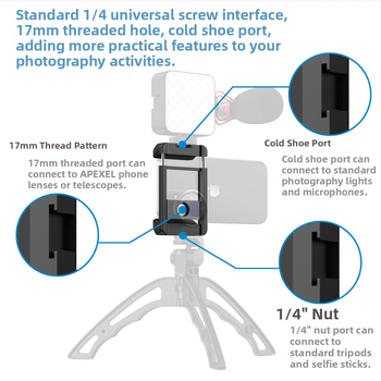 Vonkajší objektív pre mobilný telefón s univerzálnym 17 mm rozhraním, klip s protišmykovou výstelkou, hliníkové telo, kompatibilný so statívom