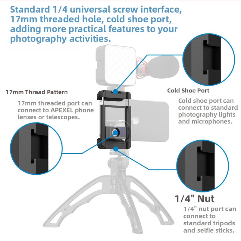 Vonkajší objektív pre mobilný telefón s univerzálnym 17 mm rozhraním, klip s protišmykovou výstelkou, hliníkové telo, kompatibilný so statívom