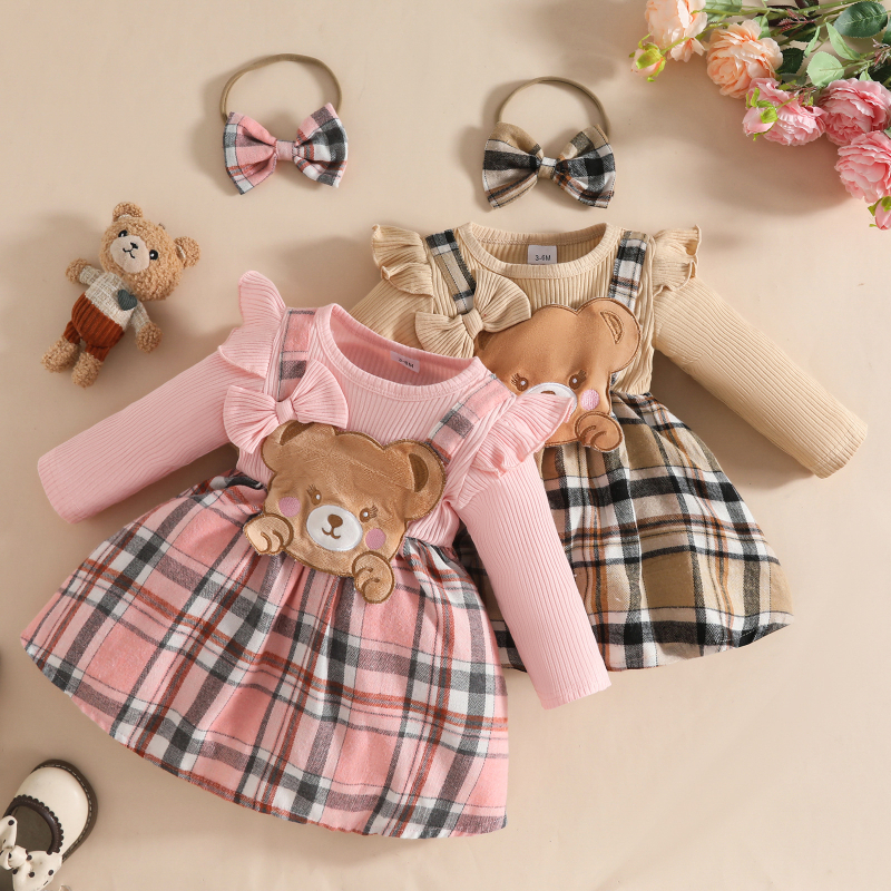 Baba hosszú ujjú ruha - A-vonal, kockás patchwork rácsmintával, 95% poliészter, lágyított anyag