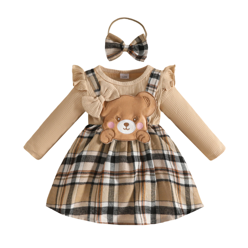 Baba hosszú ujjú ruha - A-vonal, kockás patchwork rácsmintával, 95% poliészter, lágyított anyag