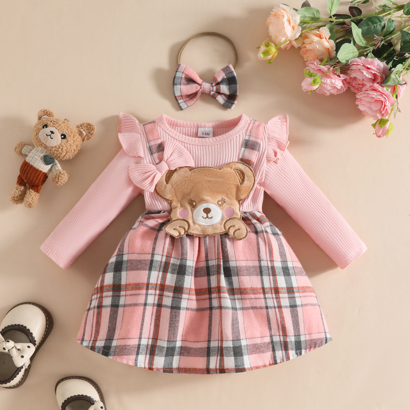 Baba hosszú ujjú ruha - A-vonal, kockás patchwork rácsmintával, 95% poliészter, lágyított anyag