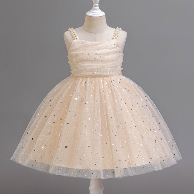 Детска принцес рокля с презрамки и мъниста, пухкава тюлена пола, А-линия, полиестер 100%, подплата памук, за момичета над 8 г и високи над 140 см, пролет-лято