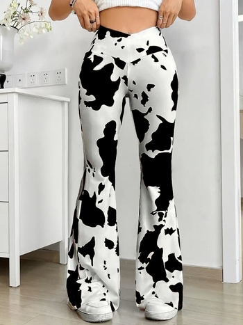 Печатани панталони с широки крачоли и висока талия за жени, еластична талия, полиестер-еластан, ежедневни