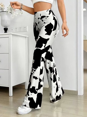 Печатани панталони с широки крачоли и висока талия за жени, еластична талия, полиестер-еластан, ежедневни