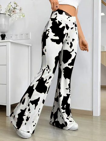 Печатани панталони с широки крачоли и висока талия за жени, еластична талия, полиестер-еластан, ежедневни