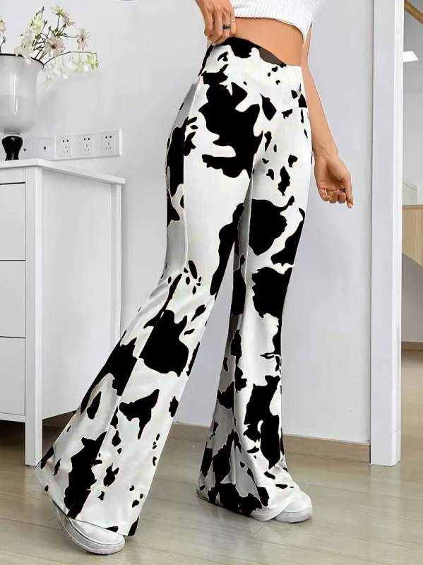 Печатани панталони с широки крачоли и висока талия за жени, еластична талия, полиестер-еластан, ежедневни