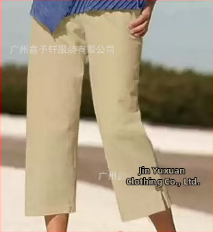 Dámske capri nohavice z bavlneno-linenej zmesi, s elastickým pásom, rovný strih, mikroelastický, leto 2025