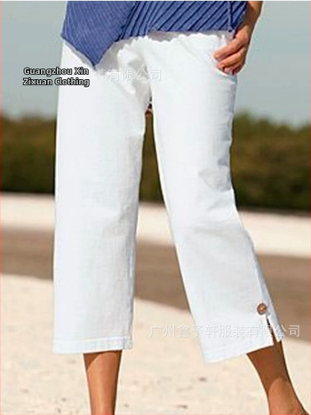 Dámske capri nohavice z bavlneno-linenej zmesi, s elastickým pásom, rovný strih, mikroelastický, leto 2025