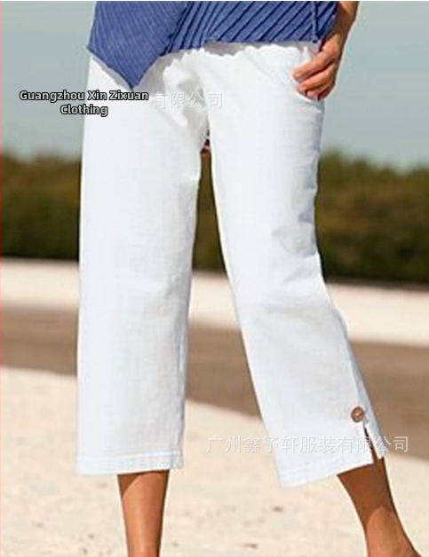 Dámske capri nohavice z bavlneno-linenej zmesi, s elastickým pásom, rovný strih, mikroelastický, leto 2025