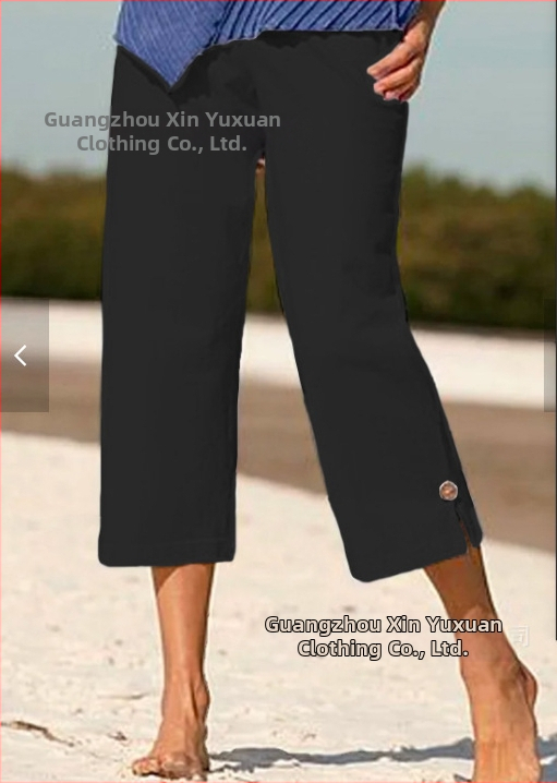 Dámske capri nohavice z bavlneno-linenej zmesi, s elastickým pásom, rovný strih, mikroelastický, leto 2025