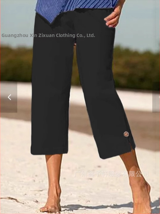 Dámske capri nohavice z bavlneno-linenej zmesi, s elastickým pásom, rovný strih, mikroelastický, leto 2025