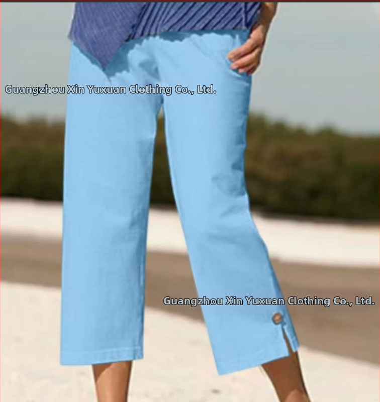 Dámske capri nohavice z bavlneno-linenej zmesi, s elastickým pásom, rovný strih, mikroelastický, leto 2025