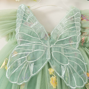 Φόρεμα κοριτσιών με κεντημένο διαφανή στρώση από διχτυωτό ύφασμα, πολυεστερικό ύφασμα, μοτίβο λουλουδιών, στυλ πριγκίπισσας (καλοκαίρι 2025)