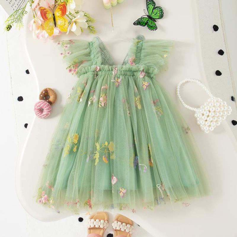 Детска рокля за принцеси с бродирана мрежеста подплата, полиестрова материя, флорална шарка, стил принцеса (лято 2025)