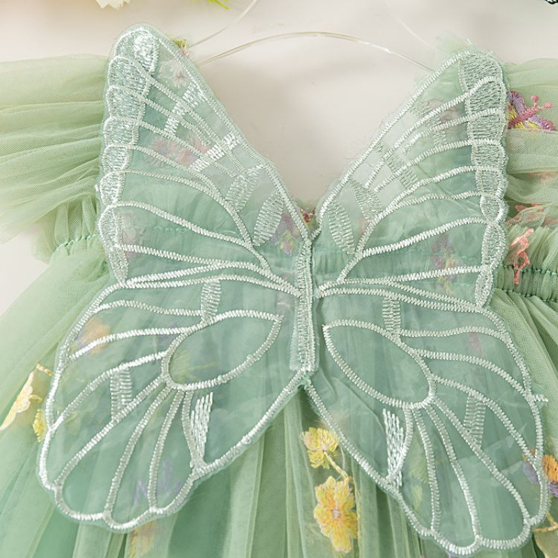 Детска рокля за принцеси с бродирана мрежеста подплата, полиестрова материя, флорална шарка, стил принцеса (лято 2025)