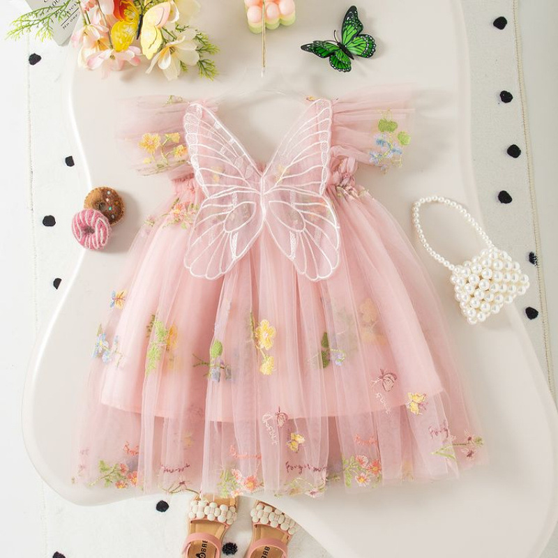 Детска рокля за принцеси с бродирана мрежеста подплата, полиестрова материя, флорална шарка, стил принцеса (лято 2025)