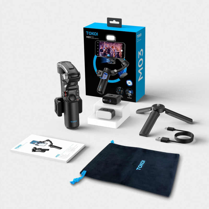 M02 3-asis telefonų stabilizatorius, rankinis gimbolas su atskiriamu nuotolinio valdymo pulteliu, papildomo apšvietimo, AI kamera