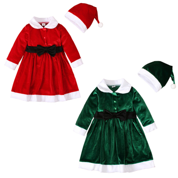 Dječja haljina od korejskog velura s dugim rukavima, A-linijski kroj, 70% poliester, kaiš s mašnicom i šešir