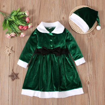 Dječja haljina od korejskog velura s dugim rukavima, A-linijski kroj, 70% poliester, kaiš s mašnicom i šešir