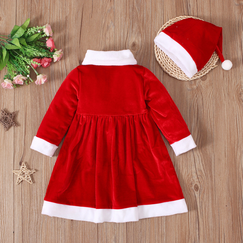 Dječja haljina od korejskog velura s dugim rukavima, A-linijski kroj, 70% poliester, kaiš s mašnicom i šešir