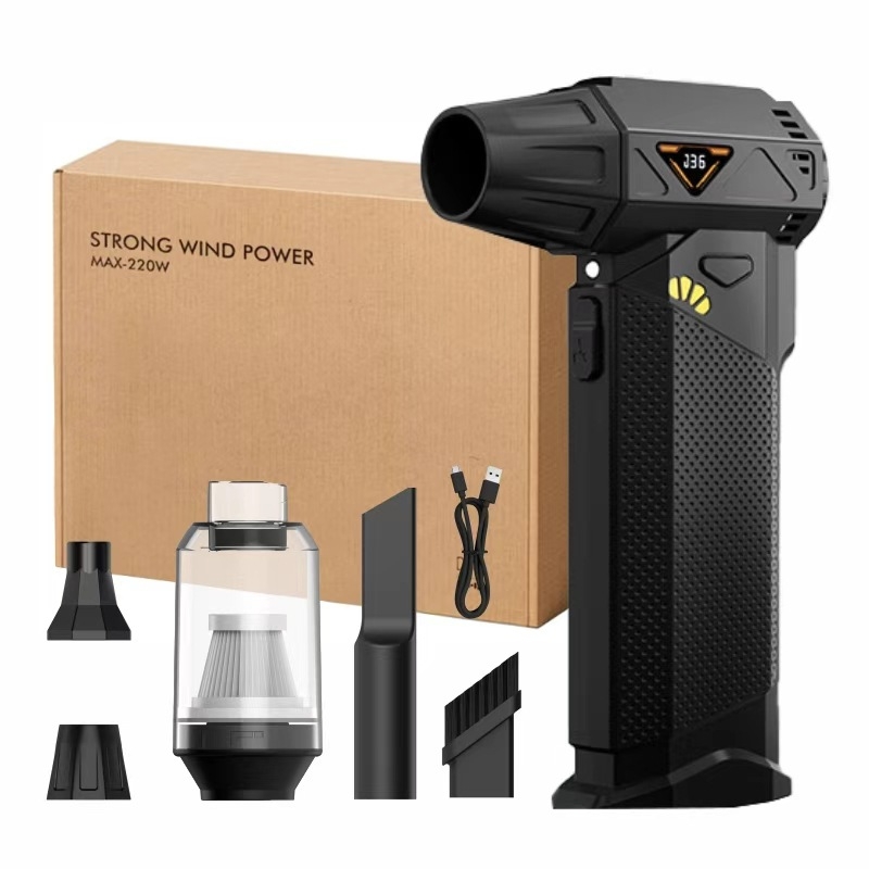 Rankinis USB ventiliatorius stovyklavim su dulkių pūtimo ir siurbimo funkcija, be šepetėlių motoras, žingsniu reguliavimas be pakopų, integruota baterija 4000–6000 mAh