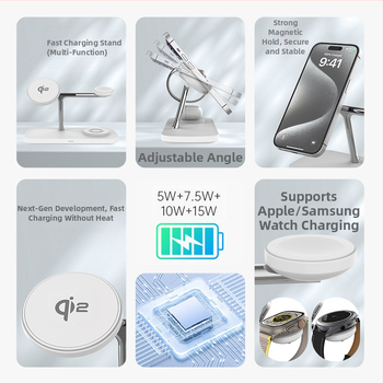Qi2 μαγνητική βάση ασύρματης φόρτισης 15W – 3-σε-1, γρήγορη φόρτιση QC3.0, μαγνητική ευθυγράμμιση, έξοδος 1.67A