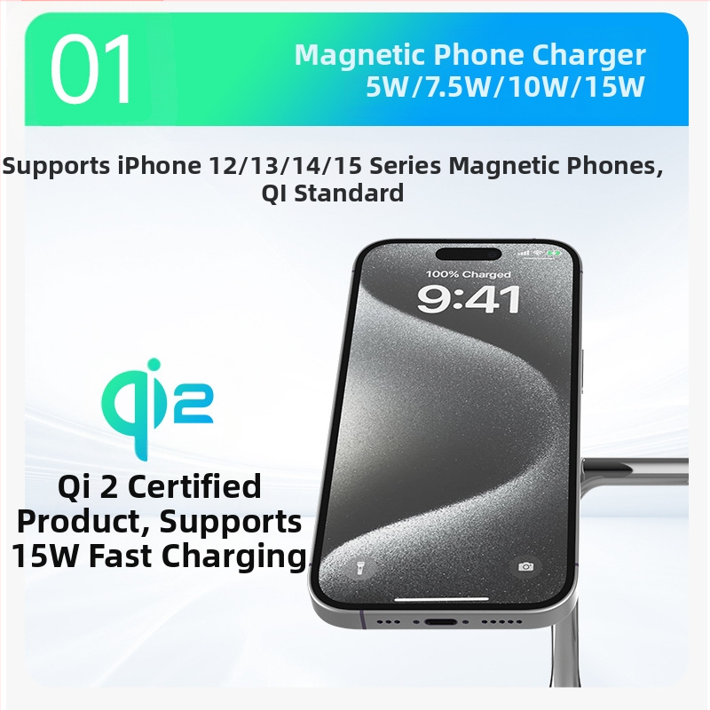 Qi2 magnetický bezdrôtový nabíjačový stojan 15W – 3-v-1, rýchle nabíjanie QC3.0, magnetické zarovnanie, výstup 1.67A