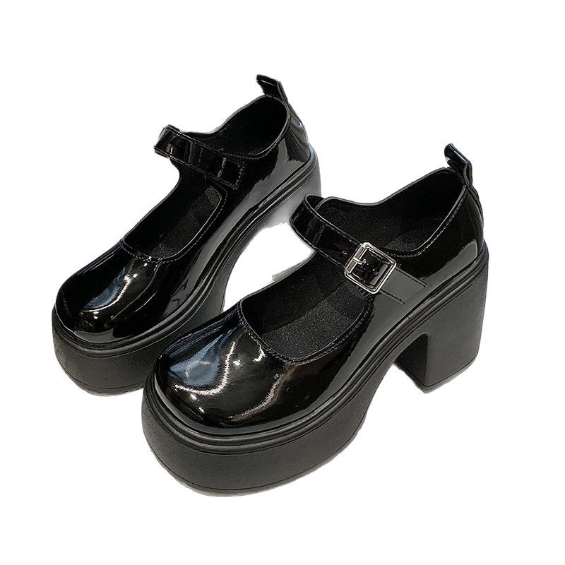 Mary Jane bateliai iš PU, storu 6–8 cm kulnu, Velcro užsegimas, gumos padas, vintage prancūziško retro stiliaus