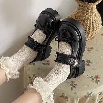 Παπούτσια Mary Jane με φιόγγο, στρογγυλό άκρο, μεσαίο τακούνι 3–5 εκ., σόλα από καουτσούκ (Άνω: PU; Εσωτερικό: PU; Πάτος: PU; Στυλ: κορεατική έκδοση)