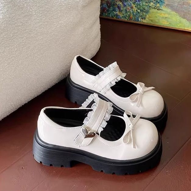 Παπούτσια Mary Jane με φιόγγο, στρογγυλό άκρο, μεσαίο τακούνι 3–5 εκ., σόλα από καουτσούκ (Άνω: PU; Εσωτερικό: PU; Πάτος: PU; Στυλ: κορεατική έκδοση)