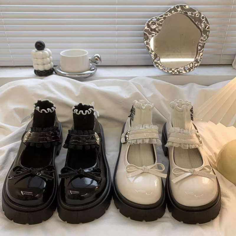 Παπούτσια Mary Jane με φιόγγο, στρογγυλό άκρο, μεσαίο τακούνι 3–5 εκ., σόλα από καουτσούκ (Άνω: PU; Εσωτερικό: PU; Πάτος: PU; Στυλ: κορεατική έκδοση)