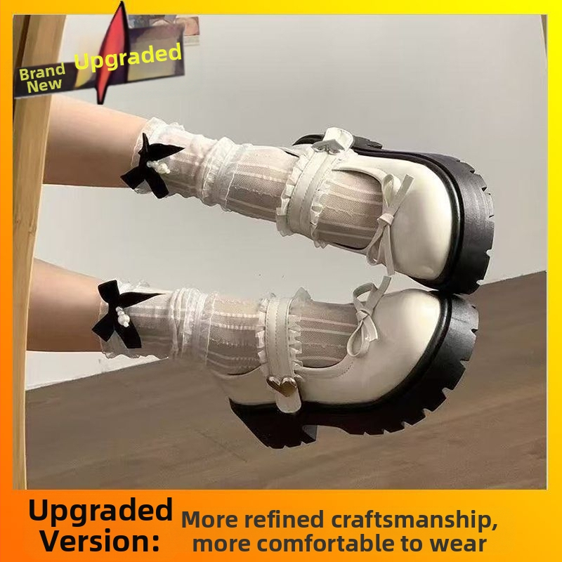 Παπούτσια Mary Jane με φιόγγο, στρογγυλό άκρο, μεσαίο τακούνι 3–5 εκ., σόλα από καουτσούκ (Άνω: PU; Εσωτερικό: PU; Πάτος: PU; Στυλ: κορεατική έκδοση)