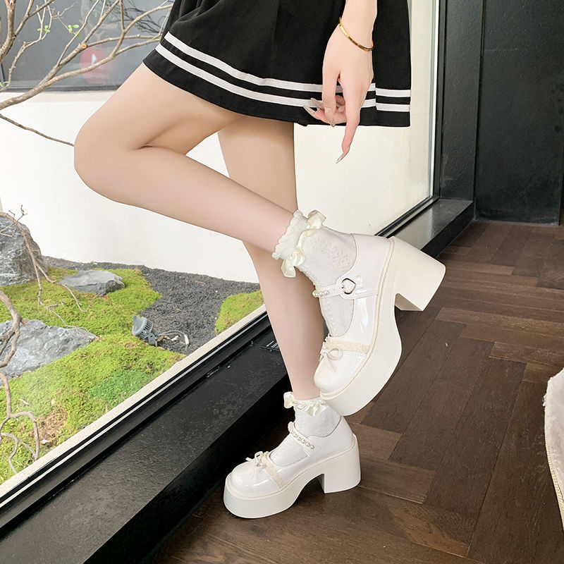 Mary Jane Γυναικείες PU παπούτσια με μαργαριταρένιο φιόγκο, χαμηλό τακούνι, καουτσούκ σόλα, κούμπωμα με αγκράφα, ανοιξιάτικο στυλ