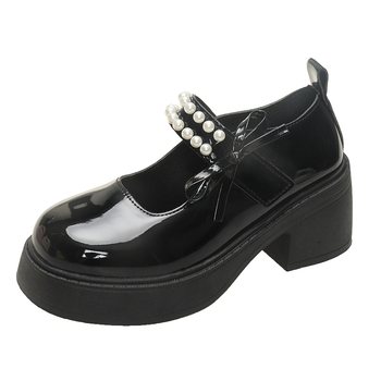 Παπούτσια Mary Jane με αντιολισθητική πλατφόρμα, στρογγυλή μύτη, διακοσμητικό φιόγκο με μαργαριτάρια, παχιά σόλα 3–5 cm, κλείσιμο με Velcro