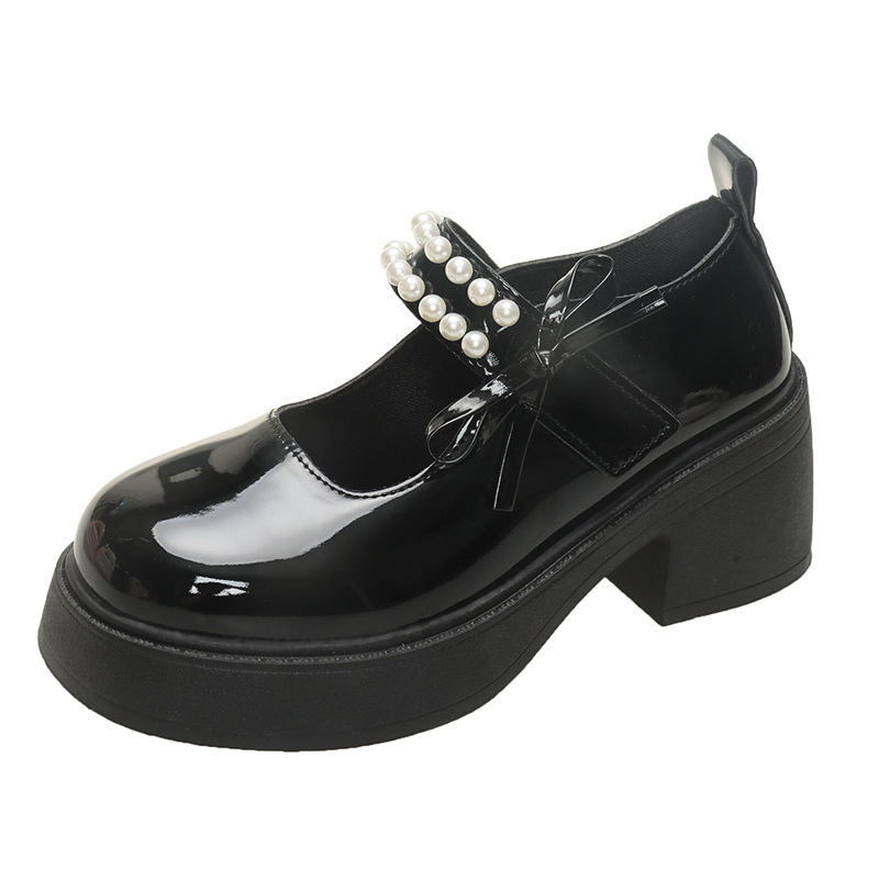 Παπούτσια Mary Jane με αντιολισθητική πλατφόρμα, στρογγυλή μύτη, διακοσμητικό φιόγκο με μαργαριτάρια, παχιά σόλα 3–5 cm, κλείσιμο με Velcro