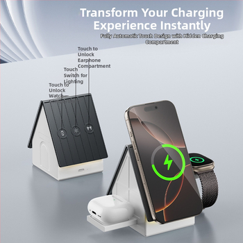 Τρία σε ένα Ασύρματο Φορτιστής Επιτραπέζιος με Μαγνητική Βάση – PD Γρήγορη Φόρτιση, 15W για Κινητό, 5W για Ακουστικά, 2,5W για Ρολόι