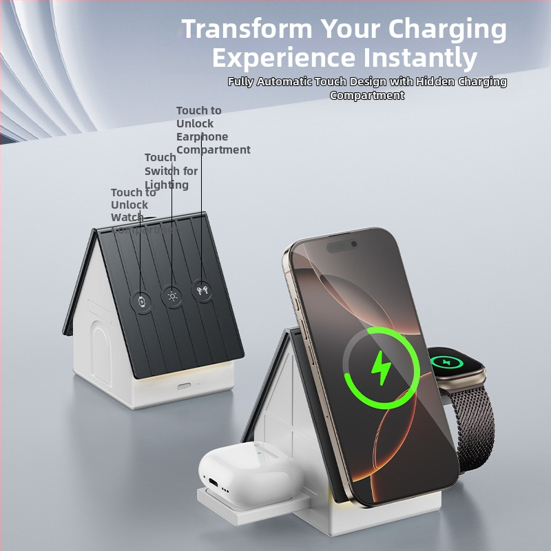 Troj-in-1 bezdrôtová nabíjačka na stôl s magnetickou základňou – PD rýchle nabíjanie, 15W pre telefón, 5W pre slúchadlá, 2,5W pre hodinky