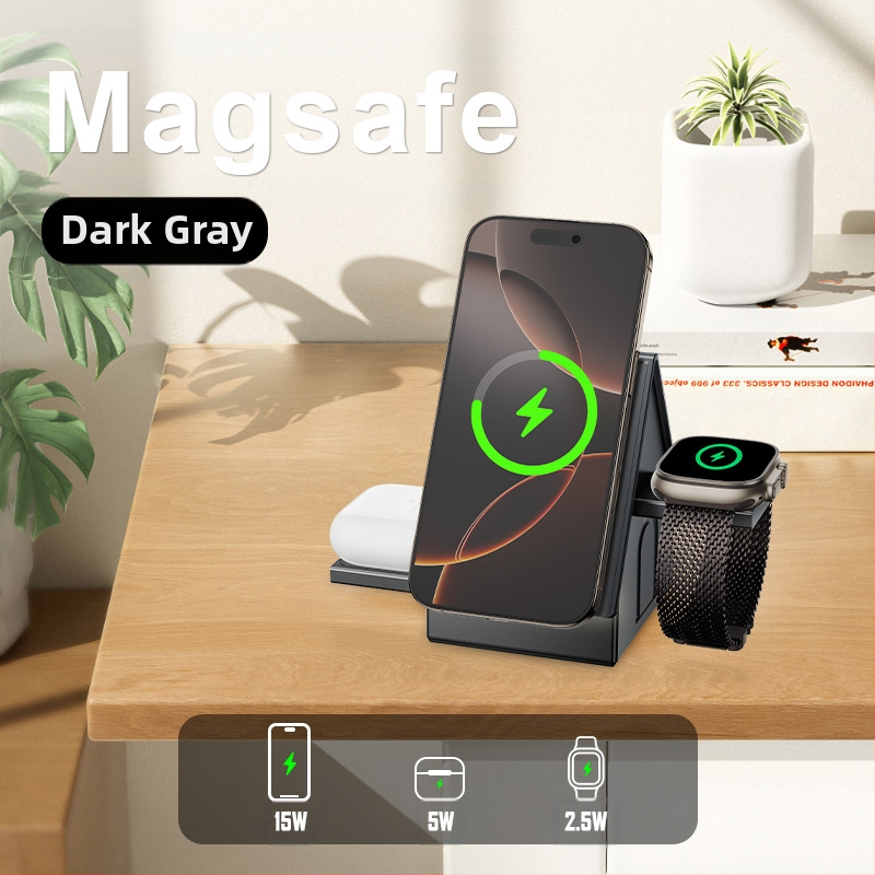 Troj-in-1 bezdrôtová nabíjačka na stôl s magnetickou základňou – PD rýchle nabíjanie, 15W pre telefón, 5W pre slúchadlá, 2,5W pre hodinky