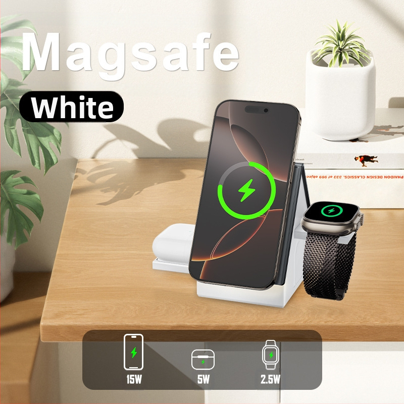 Troj-in-1 bezdrôtová nabíjačka na stôl s magnetickou základňou – PD rýchle nabíjanie, 15W pre telefón, 5W pre slúchadlá, 2,5W pre hodinky