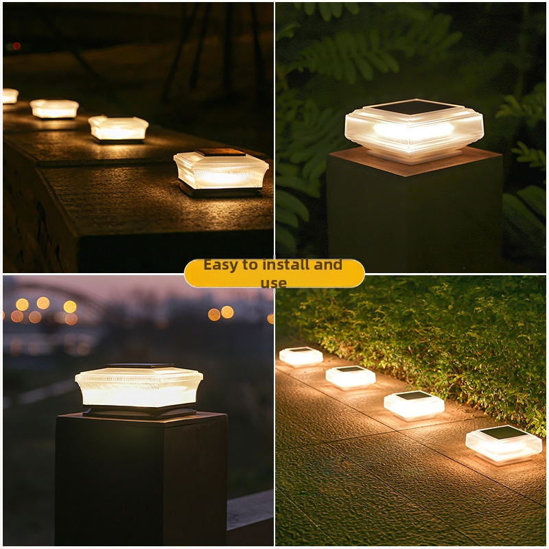 Solárna LED stĺpová lampa - vonkajšia nepremokavá, štvorcová priehľadná stĺpová lampa, 5W, 1.2V, 6–12h osvetlenie