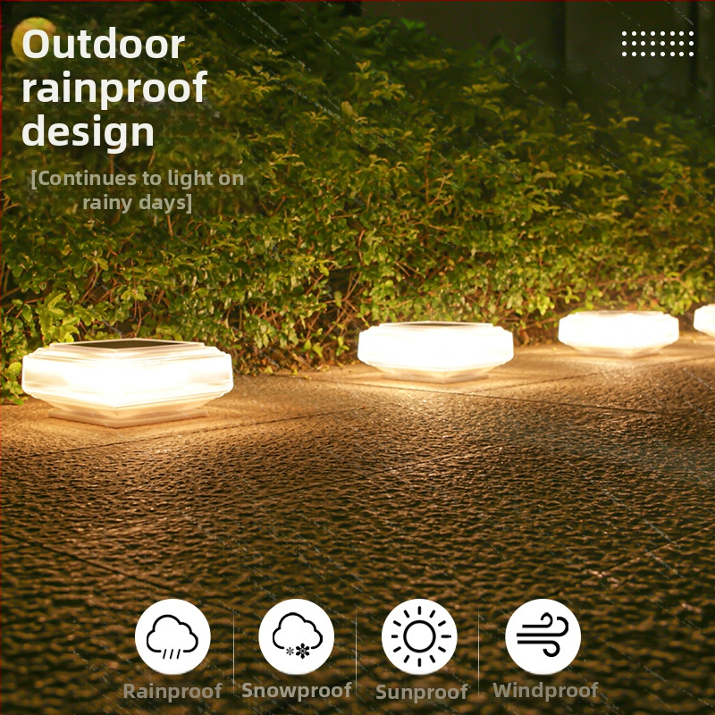 Solárna LED stĺpová lampa - vonkajšia nepremokavá, štvorcová priehľadná stĺpová lampa, 5W, 1.2V, 6–12h osvetlenie