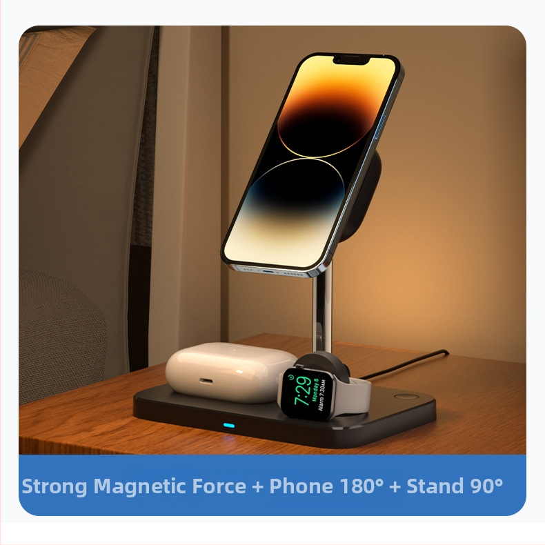 Trojnásobný magnetický bezdrôtový nabíjač s chladiacim ventilátorom pre iPhone, slúchadlá a hodinky; PD protokol; celkový výkon 22.5W (15+5+2.5W)