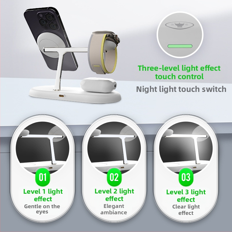 3-in-1 magnetická bezdrôtová nabíjacia podstavec s nočným svetlom — kovová konštrukcia, celkový výkon 25W, QC3.0 rýchle nabíjanie, kompatibilné s Apple a Samsung