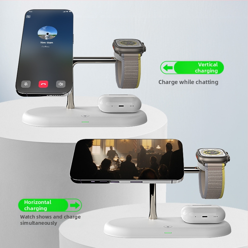 3-in-1 magnetická bezdrôtová nabíjacia podstavec s nočným svetlom — kovová konštrukcia, celkový výkon 25W, QC3.0 rýchle nabíjanie, kompatibilné s Apple a Samsung
