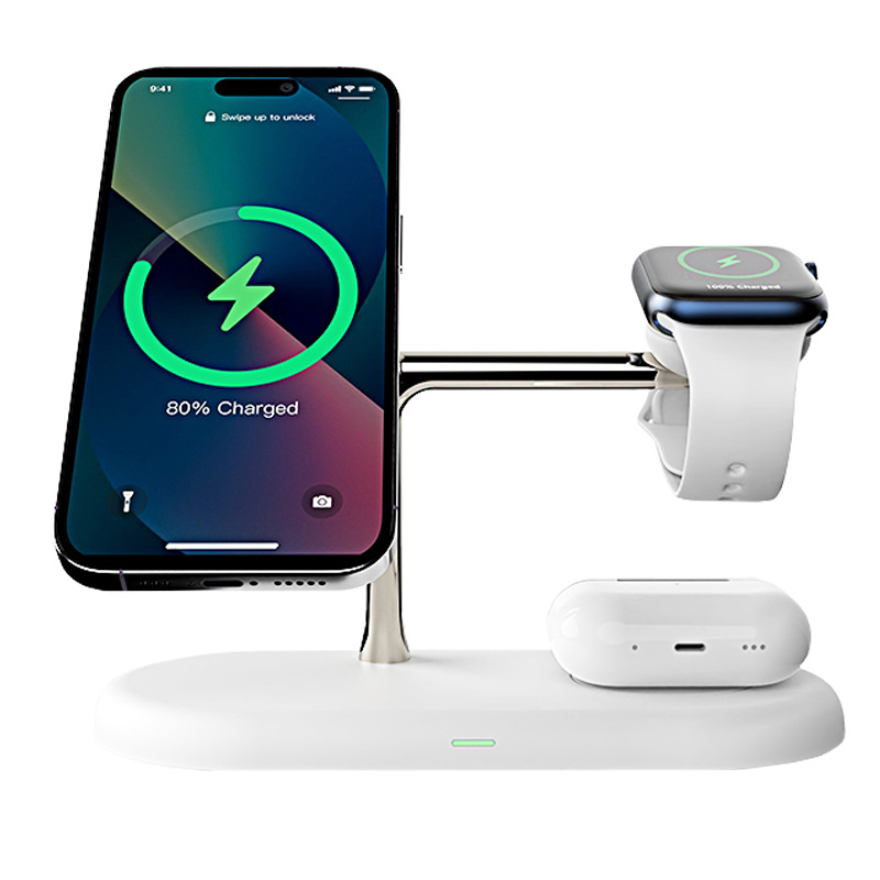 3-in-1 μαγνητική ασύρματη βάση φόρτισης με νυχτερινό φως — μεταλλική κατασκευή, συνολική ισχύς 25W, γρήγορη φόρτιση QC3.0, συμβατή με Apple και Samsung